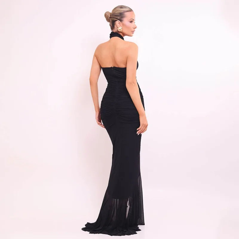 V Neck Backless Fishtail Maxi Dress Evening Party Elegant Gown Solid Color Mesh Sheer Stretchy Dresses