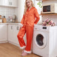 Women Satin Feather Trim Pajama Set Lapel Button Front Long Sleeve Shirt + Long Pants Christmas Loungewear Sleepwear Set