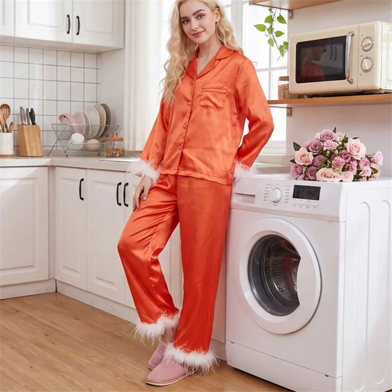 Women Satin Feather Trim Pajama Set Lapel Button Front Long Sleeve Shirt + Long Pants Christmas Loungewear Sleepwear Set