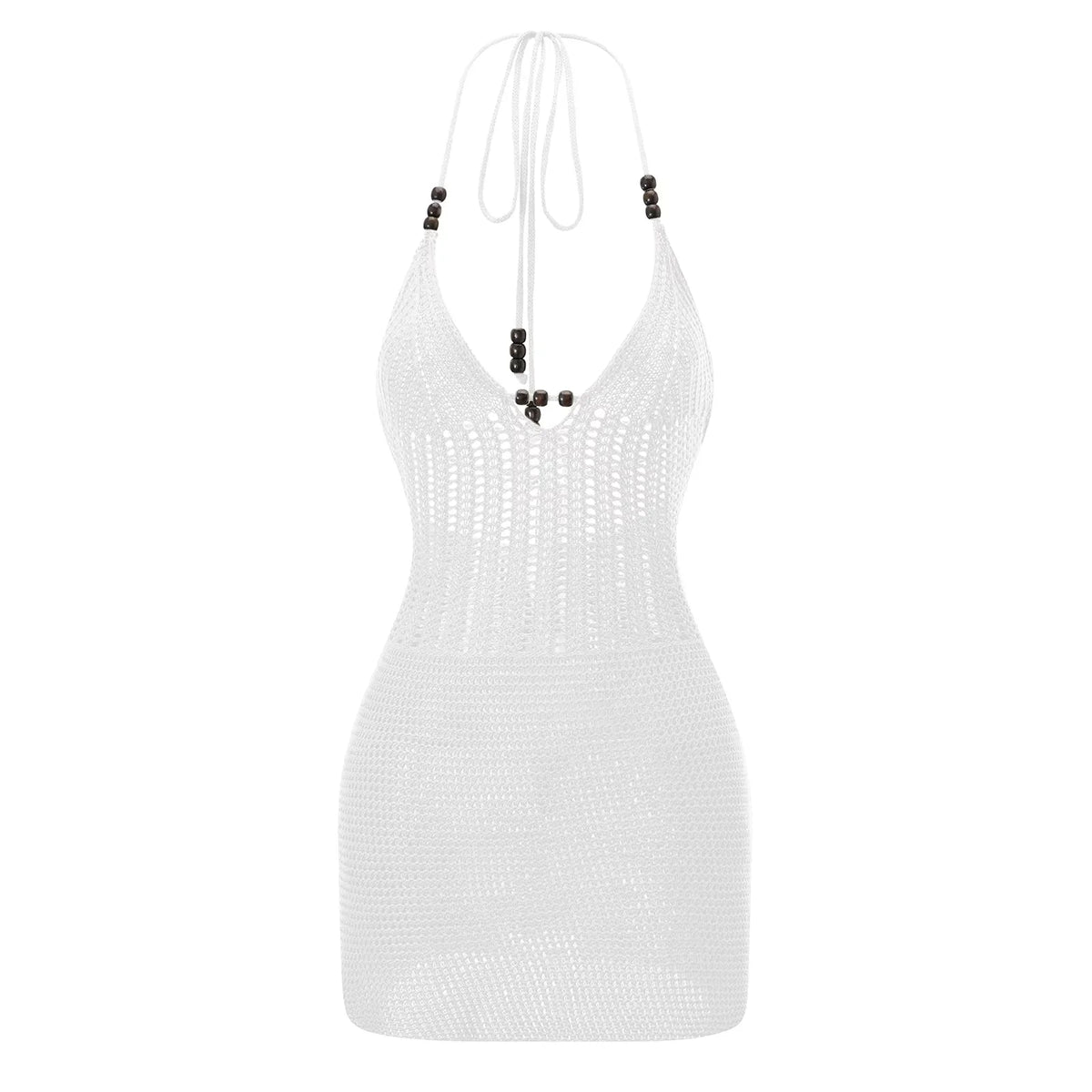 Women Backless Halter Mini Dress Casual Summer Knit Crochet Cutout Bodycon Party Dress for Beach Club Streetwear