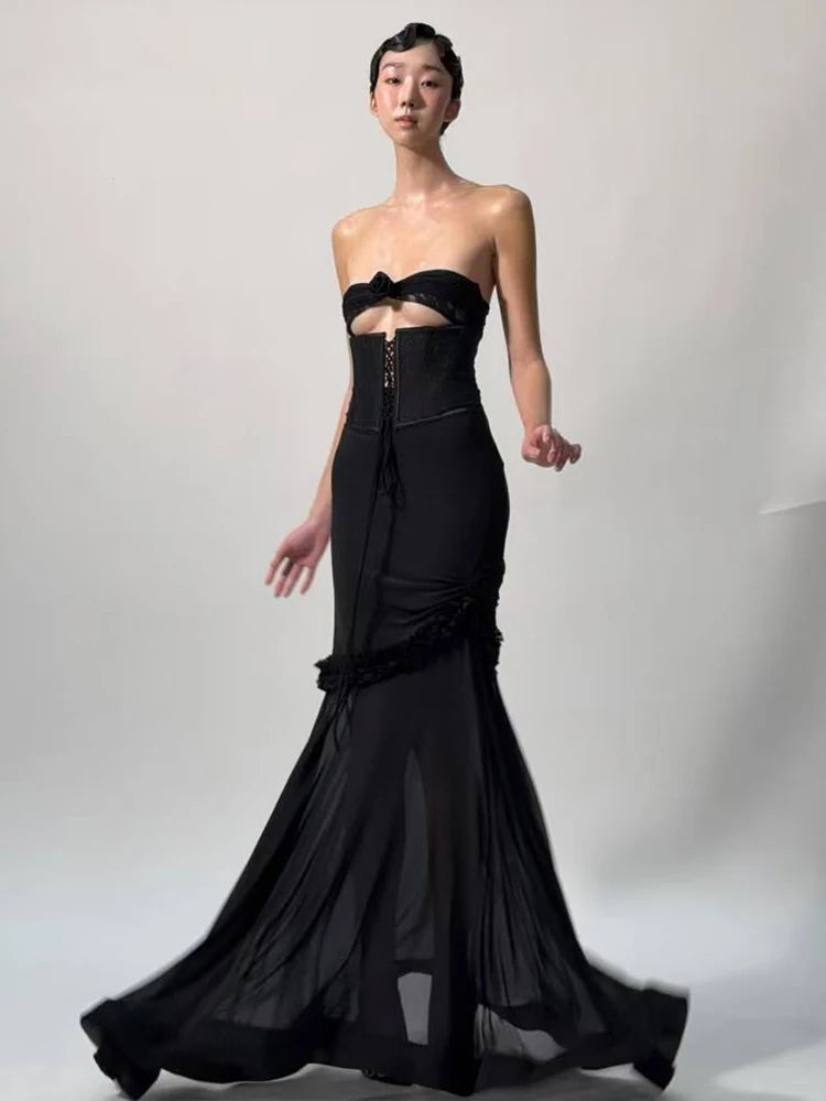 Sexy Hollow Mesh Maxi Dress Women Shirring Fishtail Ruffles Patchwork Bandage Elegant Birthday Banquet Party Vestidos