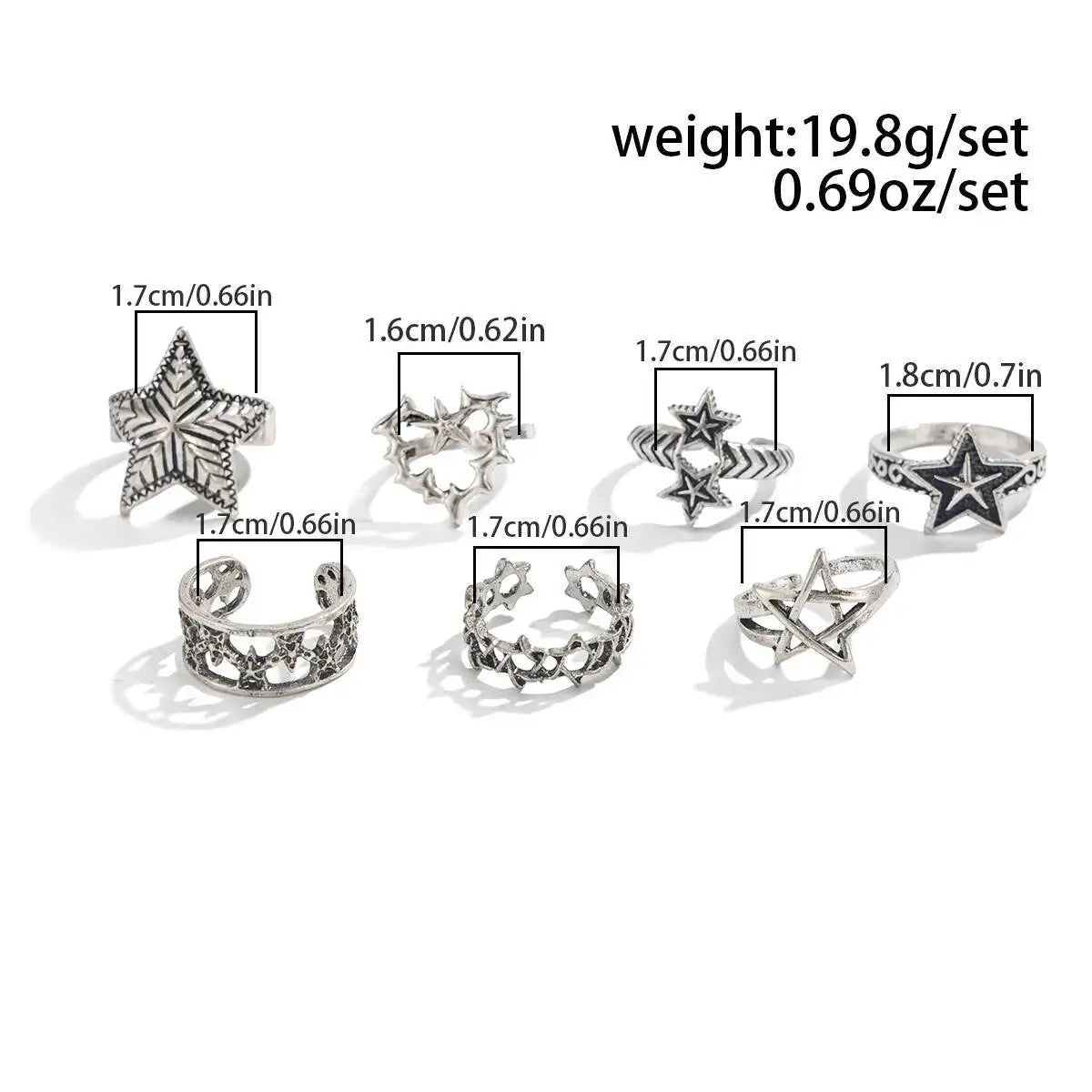 7Pcs/Set Gothic Five-Pointed Star Adjustable Open Rings For Men Trendy Punk Love Heart Finger Ring Daily Party Jewelry New