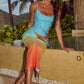 Women's Summer Long Dress U Neck Sleeveless Spaghetti Strap Leaves Pattern Slit Hem Contrasting Color Sequin Slim Dress