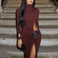 Turtleneck Long Sleeve Sexy Maxi Dress For Women Fashion Solid Hollow Out Thigh High Split Bodycon Elegant Club Dress