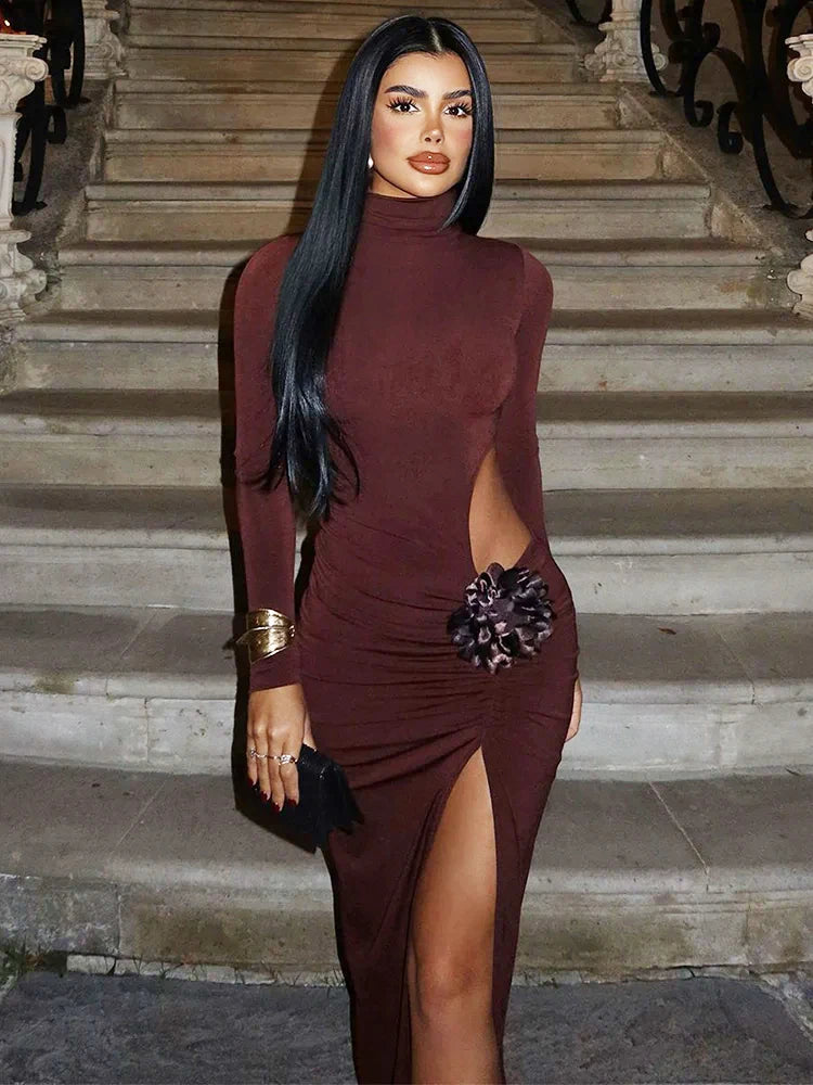 Turtleneck Long Sleeve Sexy Maxi Dress For Women Fashion Solid Hollow Out Thigh High Split Bodycon Elegant Club Dress