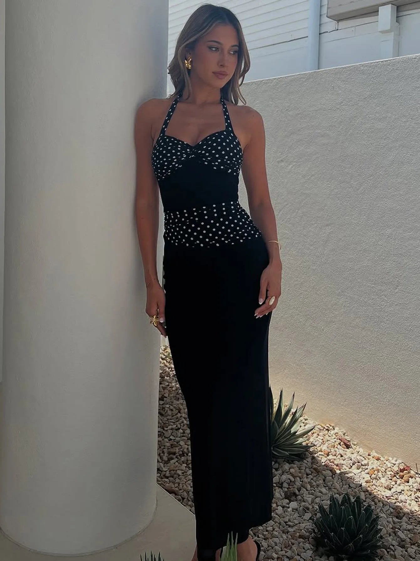 Black Polka Dot Print Halter Backless Maxi Dress 2026 Summer Classic Dresses for Woman Elegant