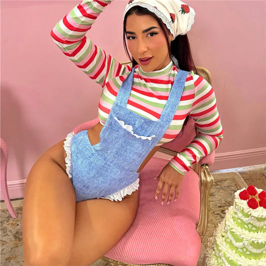 Women Farm Girl Cosplay Costume Striped Long Sleeve Crop Top Denim Look Lace Ruffle Bodysuit Halloween Party Club Outfit