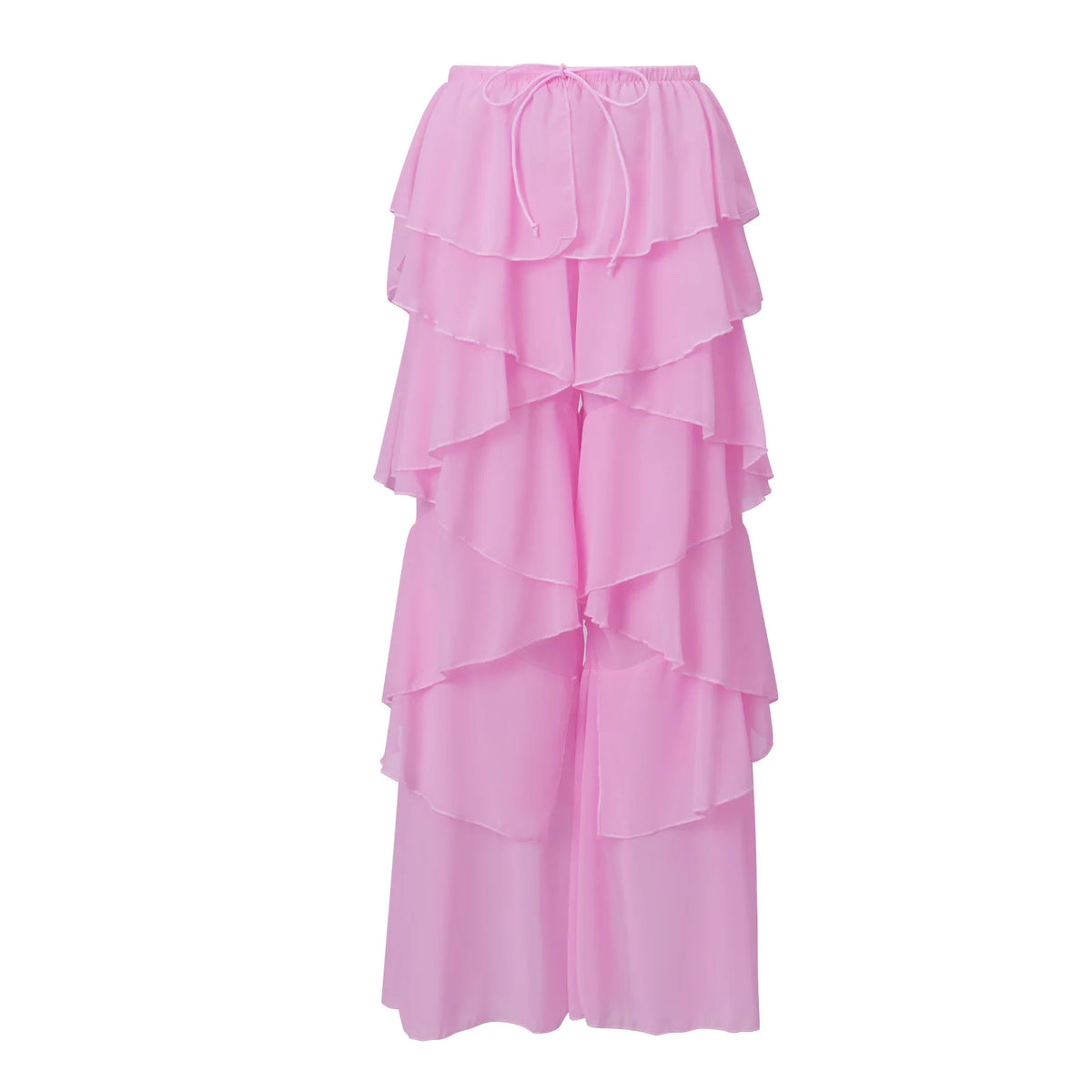 Tiered Ruffle Sheer Chiffon Wide Leg Pants Women Beach Bikini Cover Up Drawstring Waist Casual Vacation Trousers