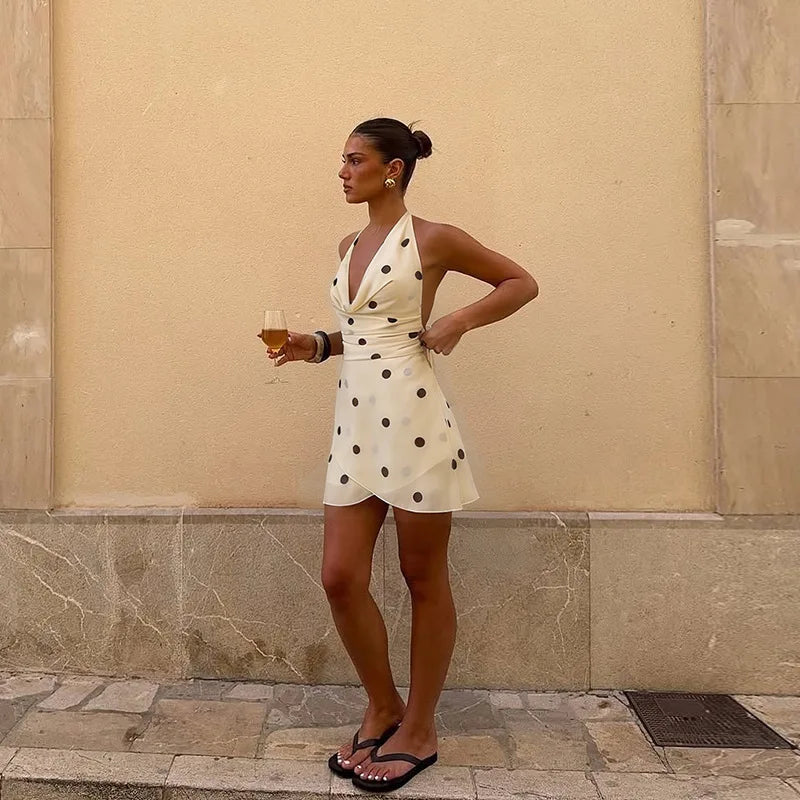 Polka Dot Print Halter Neck Open Back Mini A-line Dress French Vintage Sexy Summer Dresses 2026