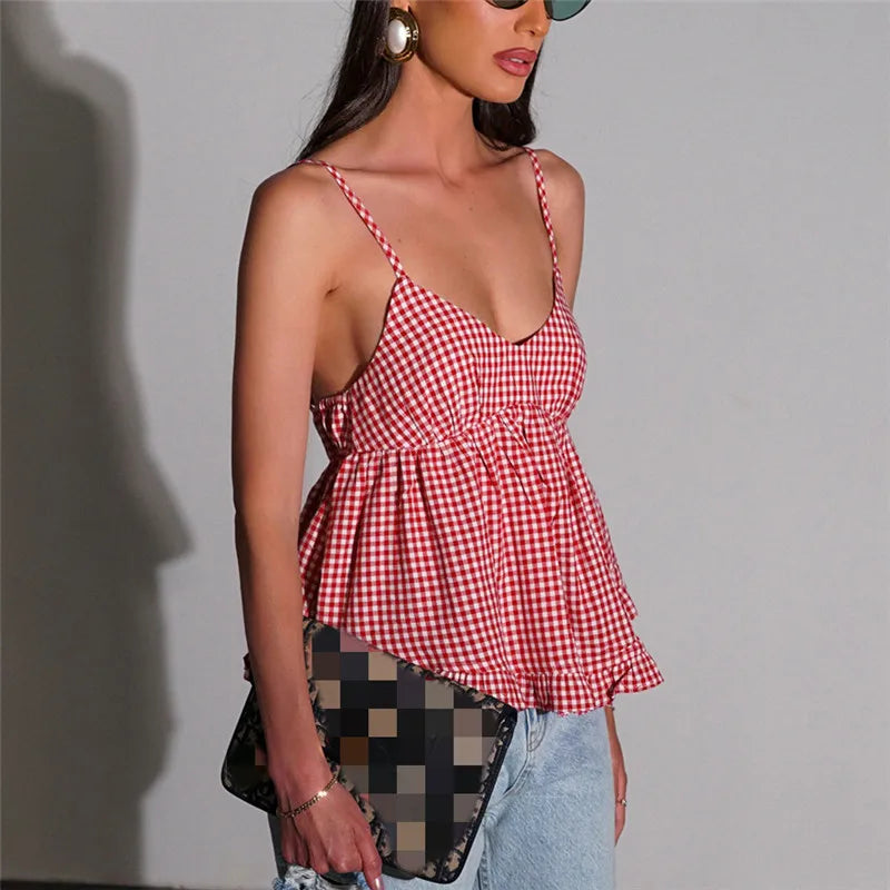 Summer Sleeveless V Neck Plaid Vest Sweet Girl Cute Ruffles Crop Top Vintage Y2k Tie Back Tank Tops for Woman Ins Style