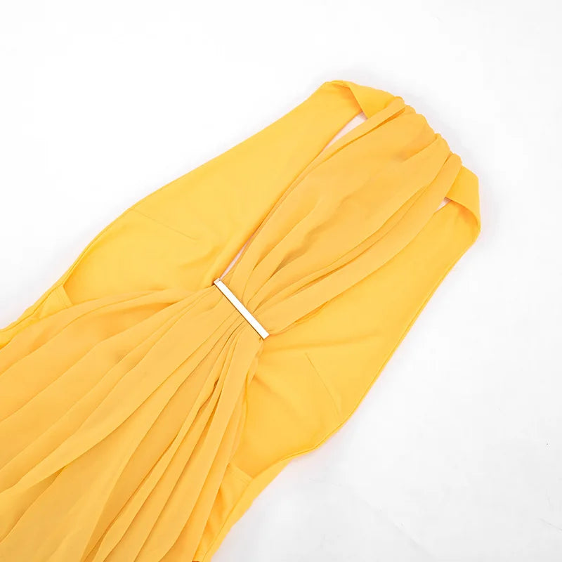 Deep V Neck Backless Maxi Dresses for Woman Sexy Elegant Mesh Patchwork Yellow Fancy Dinner Dress