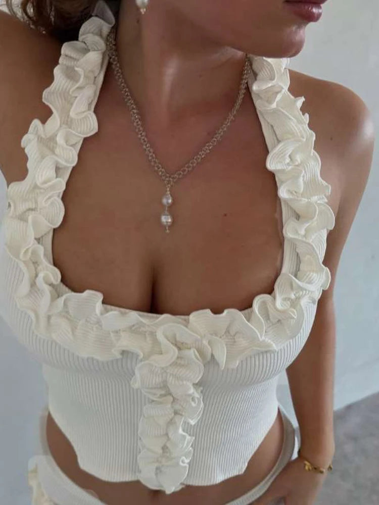 Ribbed Casual 2 Piece Set Women Ruffles Square Collar Backless Tank Tops+Skinny Shorts Versatile Style Trend Outfits