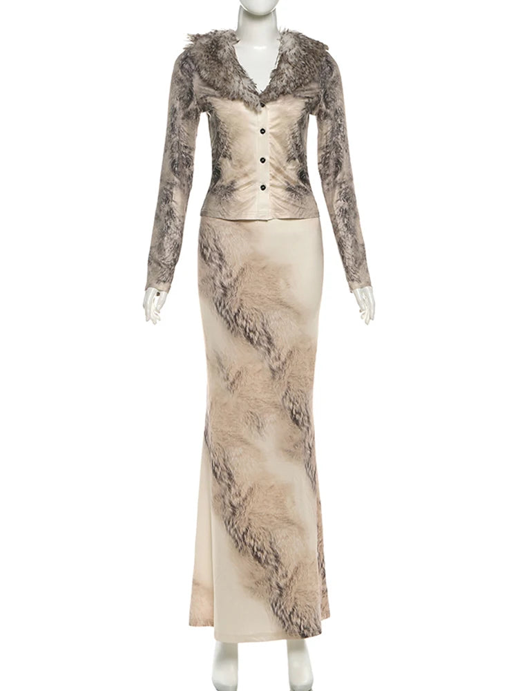 Elegant 2-Piece Set Women Fur Collar Single Breasted Crop Tops+Skirt Matching Streetwear Tight Luxury Skinny Outfits