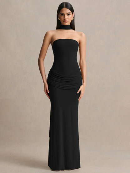 Women Strapless Mermaid Sexy Maxi Dress Detachable Choker Neck Tie Ruched Waist Bodycon Long Evening Party Dress