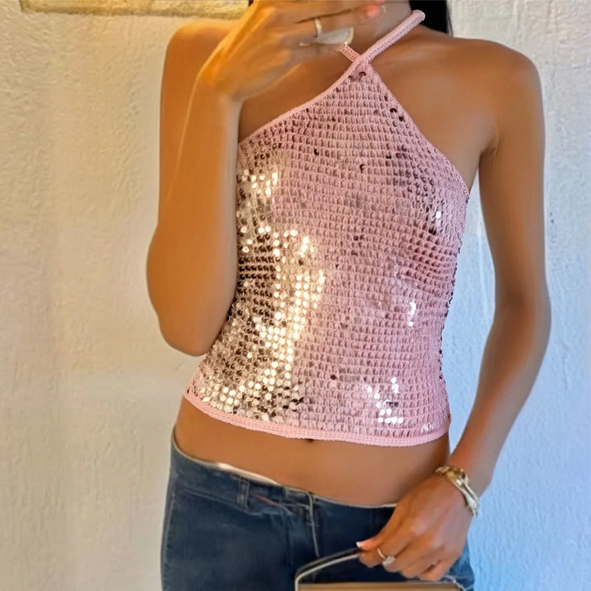 Sequin Crochet Crop Tops Women Summer Beach Knitted Smocked Camis Sparkly Glitter Backless Cover-up Crop Tops Vest
