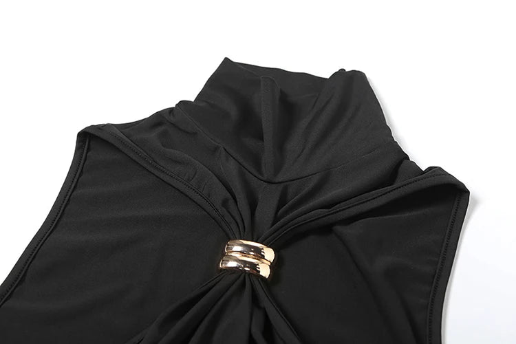 Solid Pleated Tank Tops Women 2025 Summer Sleeveless Metal Knot Stretch Simple Basic Streetwear Skinny Casual Vest