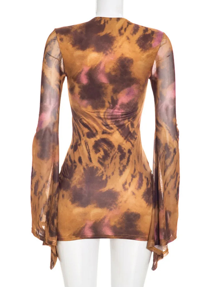Women Mesh Bodycon Sexy Mini Dress Long Flare Sleeve Deep V Neck Leopard Print Irregular Hem Party Night Club Dresses