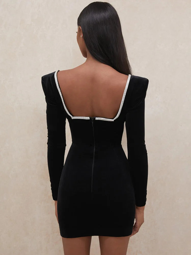 Long Sleeve Sexy Deep V Neck Wired Diamante Crystal Padded Should Bodycon Outfits Women Winter Velvet Party Dress