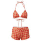 Women's 2 Piece Bikini Set Fashion Plaid Print Sleeveless Halter Neck Triangle Tops and Low Waist Boyshorts Bathing Suit