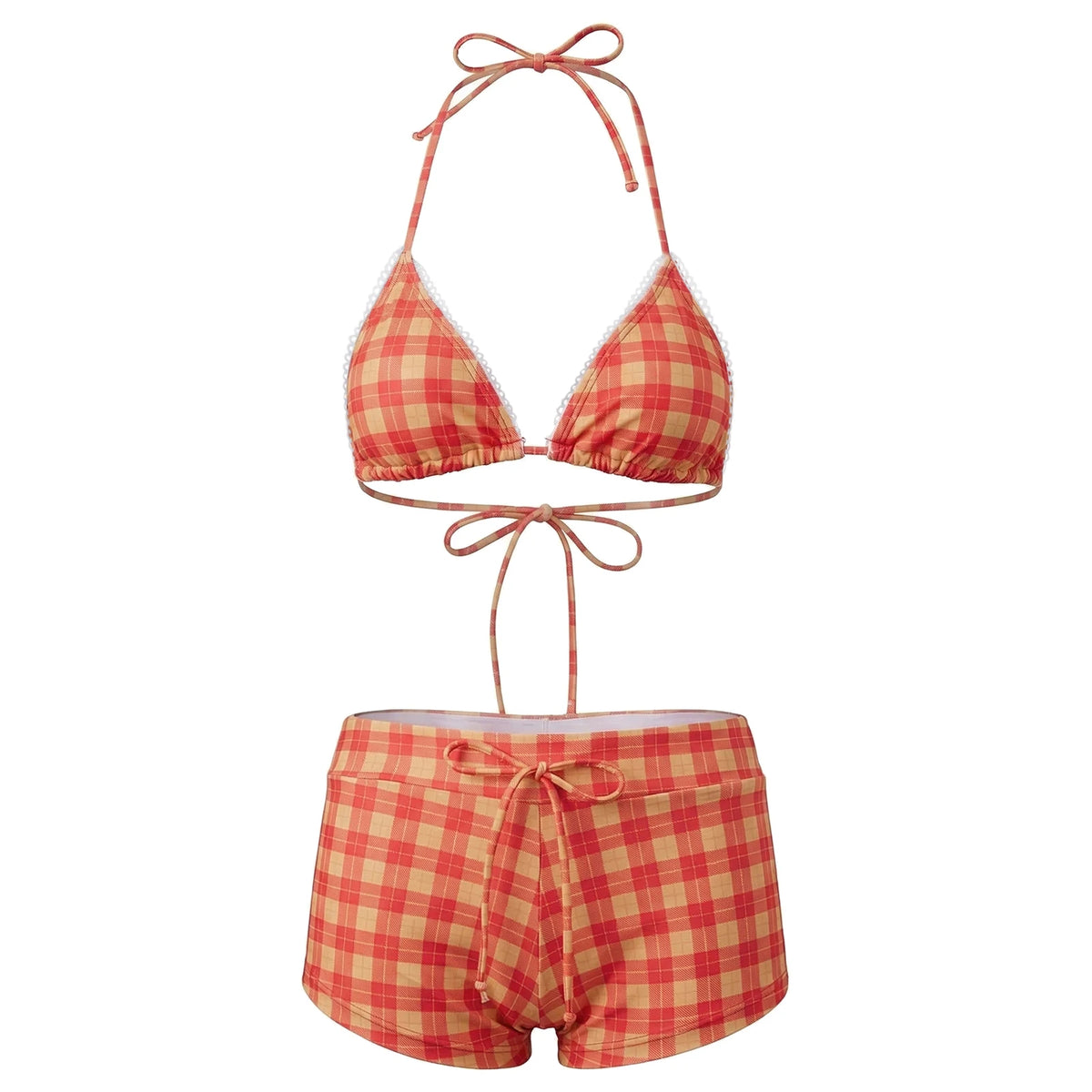 Women's 2 Piece Bikini Set Fashion Plaid Print Sleeveless Halter Neck Triangle Tops and Low Waist Boyshorts Bathing Suit