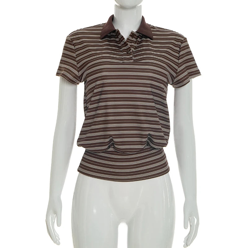 Womens Short Sleeve T-Shirt Stripe Print Buttons Collared Slim Fit Shirts Stylish Summer Casual Tops Streetwear