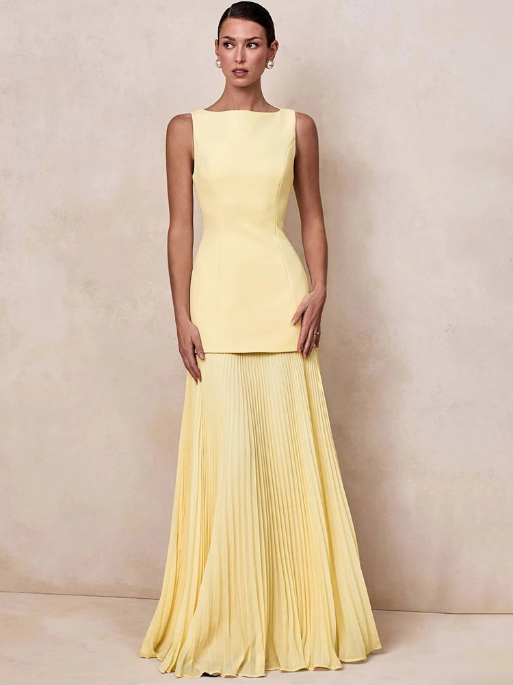 Elegant Two Piece Maxi Dress Women Fashion Boat Neck Sleeveless Bodycon Pleated Club Party Long Dress Female Vestidos