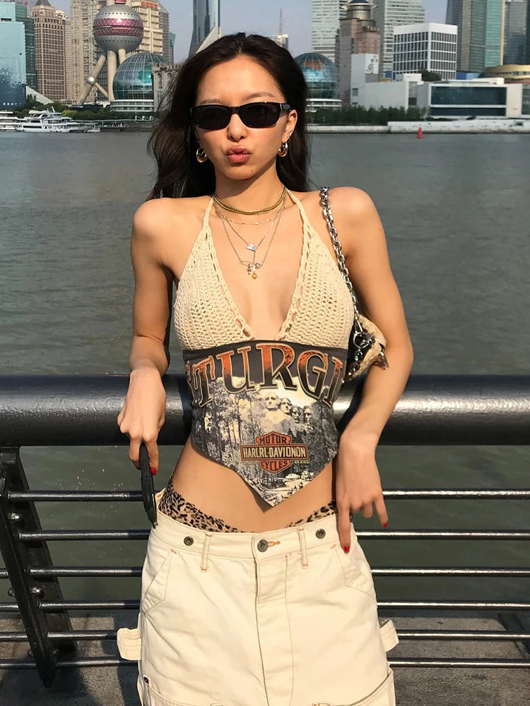 Fashion Knit Patchwork Vest Women Art Print v-Neck Halter Bandage Backless Hottie Midnight Music Festival Summer Clubwear