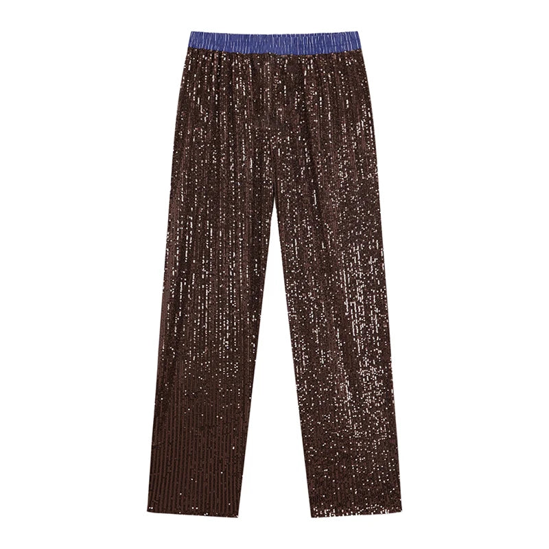Sequin Loose Pants Two Piece Sets Women Patchwork Long Sleeve Shirt And Trouser Female Elegant Long Pants 2 Piece Sets