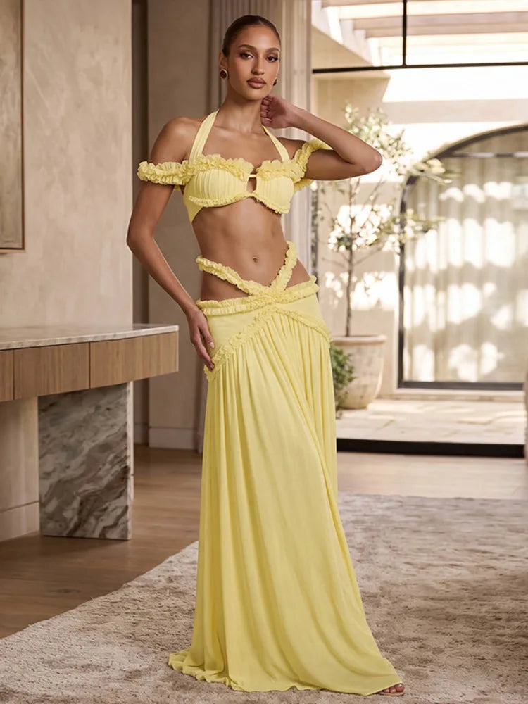 Women 2 Piece Maxi Skirt Set Halter Off Shoulder Ruffle Crop Top And Long Skirt Elegant Evening Party Matching Outfit