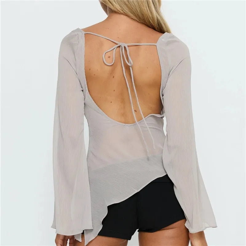 Women's Sheer Mesh Cover Up Top Long Flare Sleeve Backless Tie Open Back Asymmetrical Hem Beachwear Blouse
