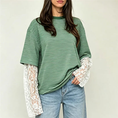 Women Fake Two Piece Striped T Shirt Oversized Short Sleeve Top Sheer Floral Lace Flare Long Sleeve Underlayer Loose Tee