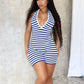 Backless Shirring Romper Women Bandage Halter Stripe Sleeveless V-Neck Fit Tight Streetwear Stretch Workout Playsuit