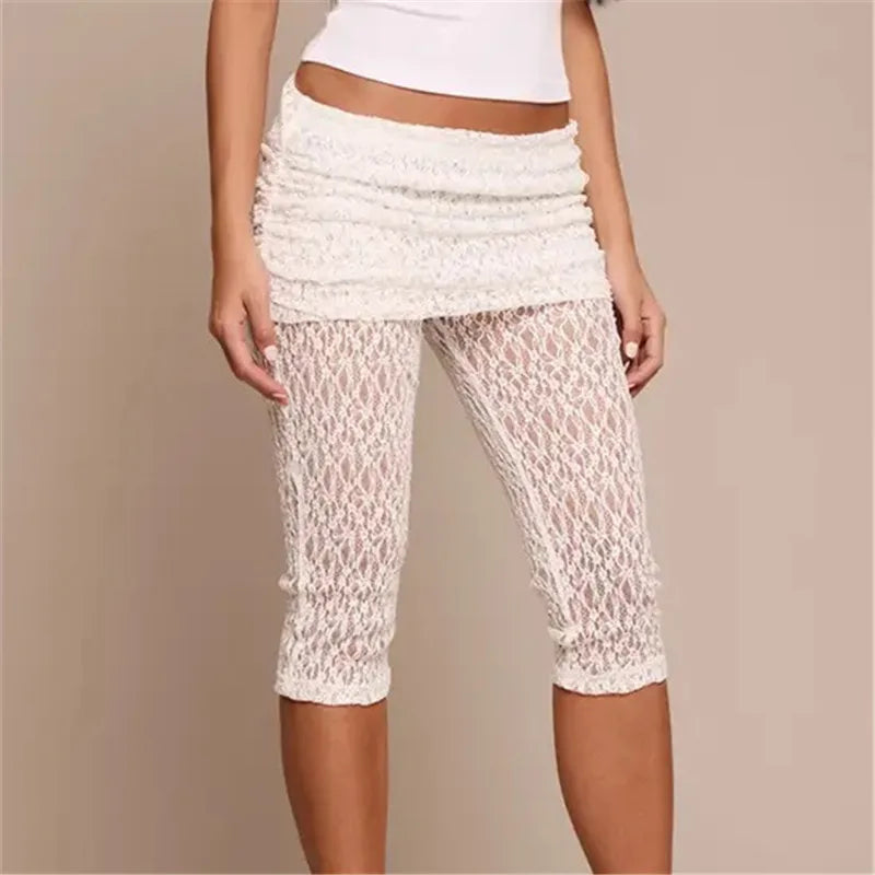 Women Lace Cropped Leggings with Skirt Overlay See Through Mesh Capri Pants High Waist Ruched Summer Casual Streetwear