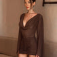 Swing Collar Dress Women Sexy Fashion Mesh Patchwork Ruched Puff Sleeve Hottie Trend Party Club Peach Hip Bodycon