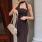 Halter Backless Long Maxi Dresses for Elegant Woman Brown Mesh Party Dress