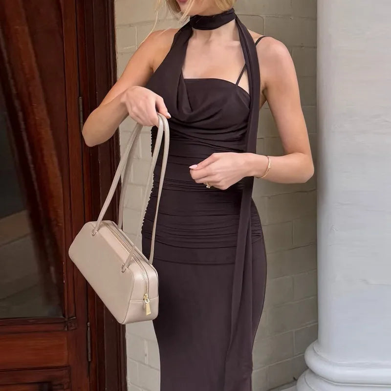 Halter Backless Long Maxi Dresses for Elegant Woman Brown Mesh Party Dress