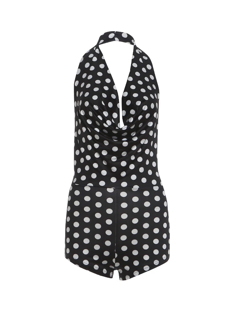 Wild Trend Romper Women Fashion Swing Collar Sexy Hottie Backless Polka Dot Print Halter Midnight Party Street Clubwear