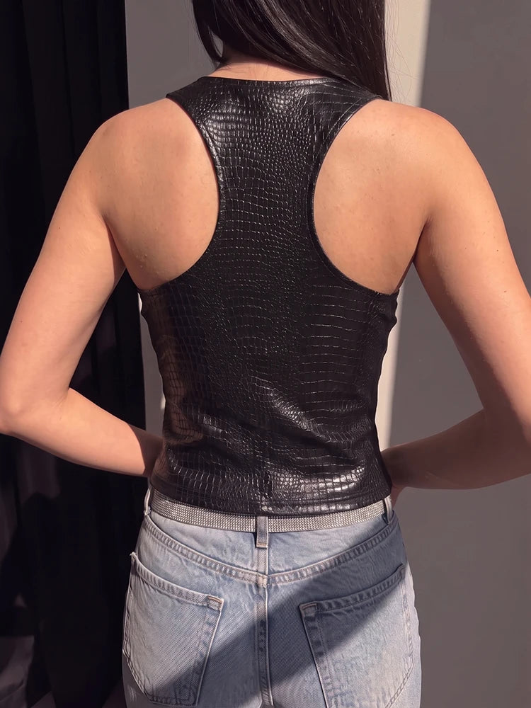 Snake Leather Tank Top Women Sexy Hottie Low-Neck Fashion Trend Midnight Party Club Streetwear Music Festival Vest