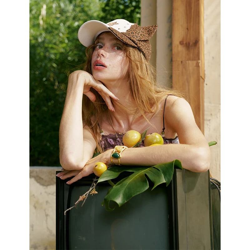 Asymmetrical Cat‑Ear Leopard Studded Baseball Cap with Embroidery Detail, Y2K Stylish Sun Hat for Street