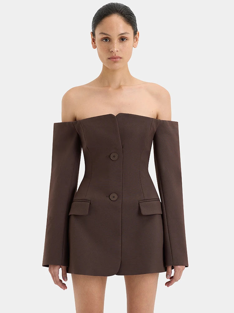 Off-shoulder Strapless Sexy Blazer Dress For Women Fashion Solid Zipper Two Pocket Long Sleeve Backless Mini Dress