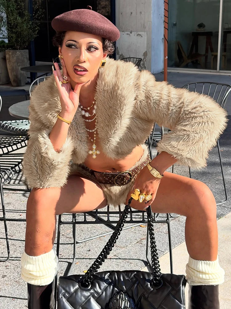 Sexy Furry Crop Jacket Women Basic Autumn Trend Button Lapel Full Sleeve Hottie Simple Wild Streetwear Clubwear Coat