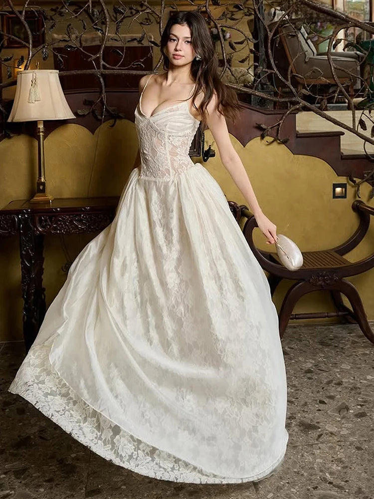 Elegant Jacquard Dress Women See Through Lace Patchwork Sleeveless V-Neck Party Banquet Fashion Chic Activity Outfits