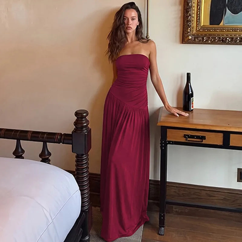 Strapless Ruched Maxi Dress Burgundy Black Outfit Summer Woman Clothing Elegant Dresses Casual