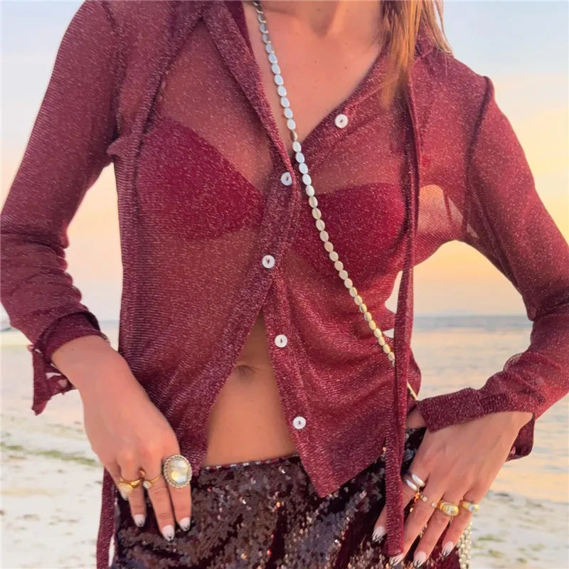 Women's Glitter Sheer Mesh Shirt Long Sleeve Choker Neck Button Down Cropped Blouse Y2K Party Clubwear See Through Top