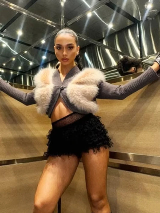 Patchwork Fluffy Crop Tops Women Single Buckle Casual Sexy Streetwear Fall Fashion Skinny Casual Elegant Cardigan Coat