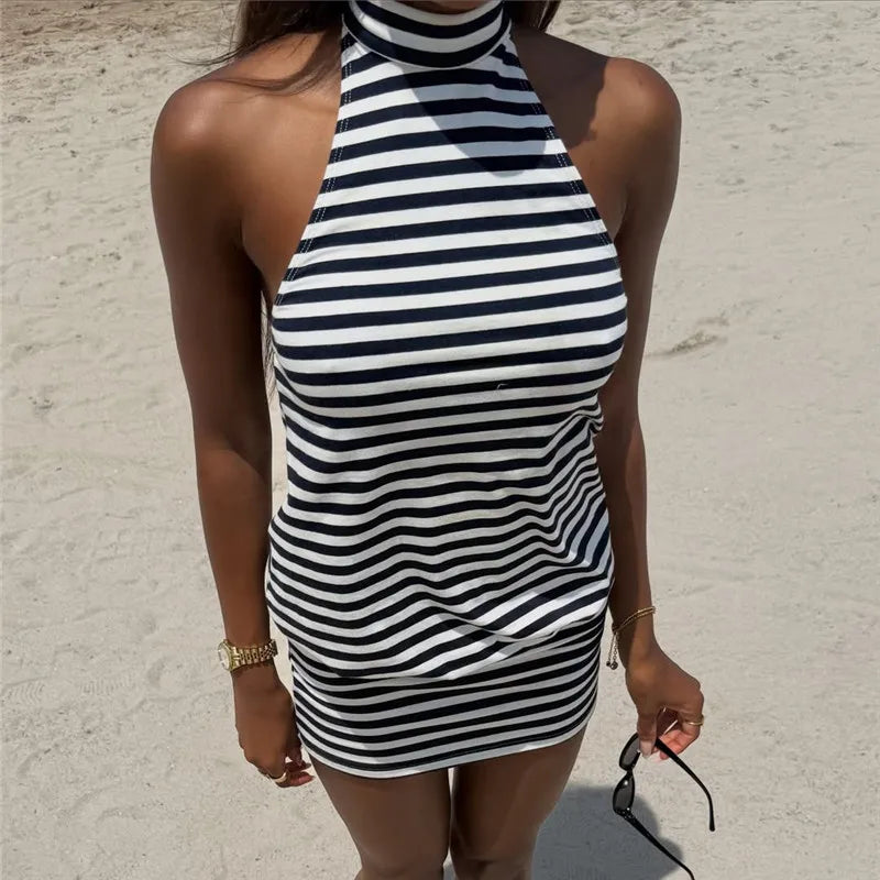Women Summer Mini Dress Casual Sleeveless Halter Neck Backless Dress Solid Color Loose Fit Beach Party Club Short Dress