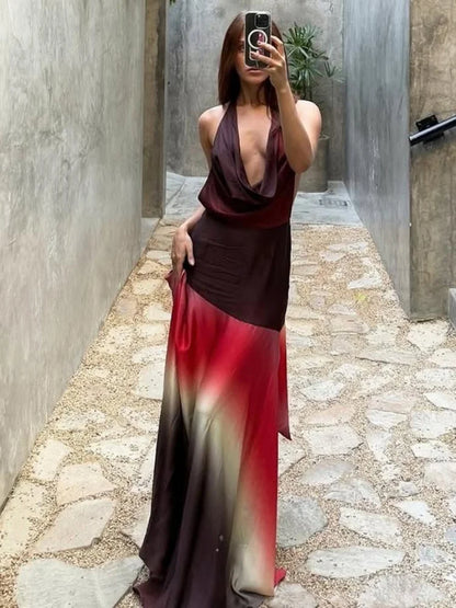 Gradient Printed Cowl Neck Backless Long Flowy Dresses for Summer 2025 Elegant Vacation Outfits Woman