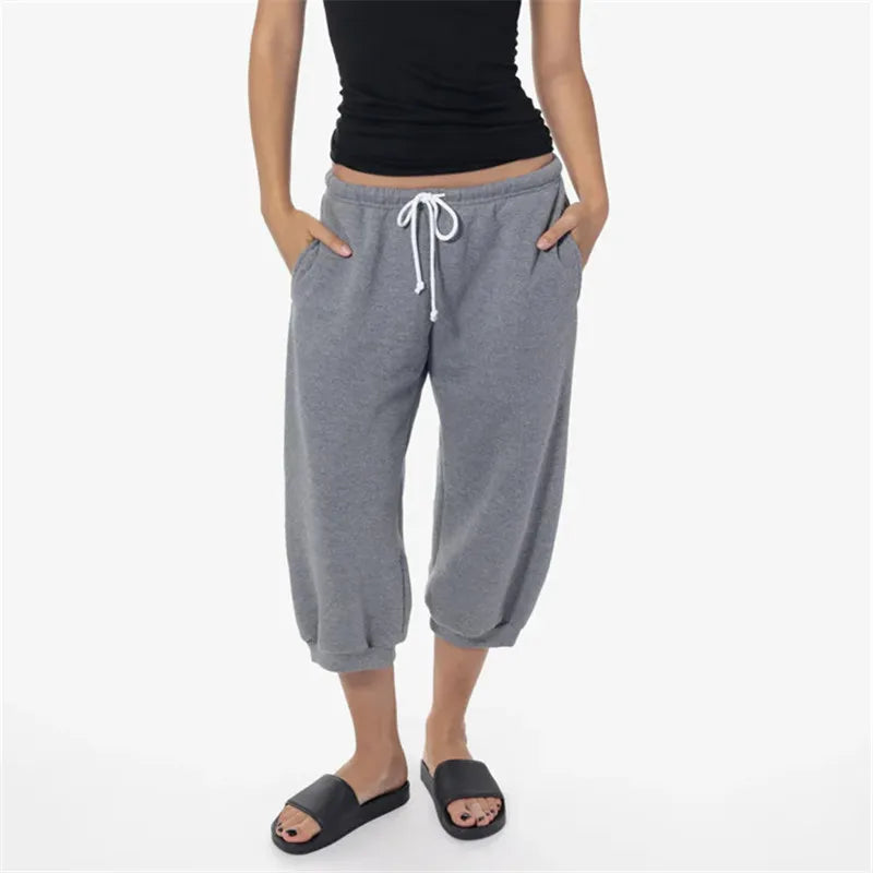 Women Loose Cropped Sweatpants Drawstring Elastic Waist Capri Jogger Trousers Casual Pants With Pockets Daily Loungewear