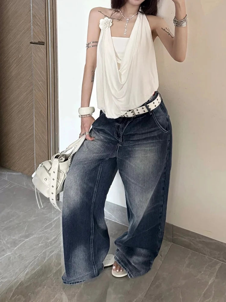 Y2K Chic Tube Top+Swing Collar Vest Chain Halter Sexy Backless Sleeveless 3d Flowers Daily Summer Trend Commute Tees