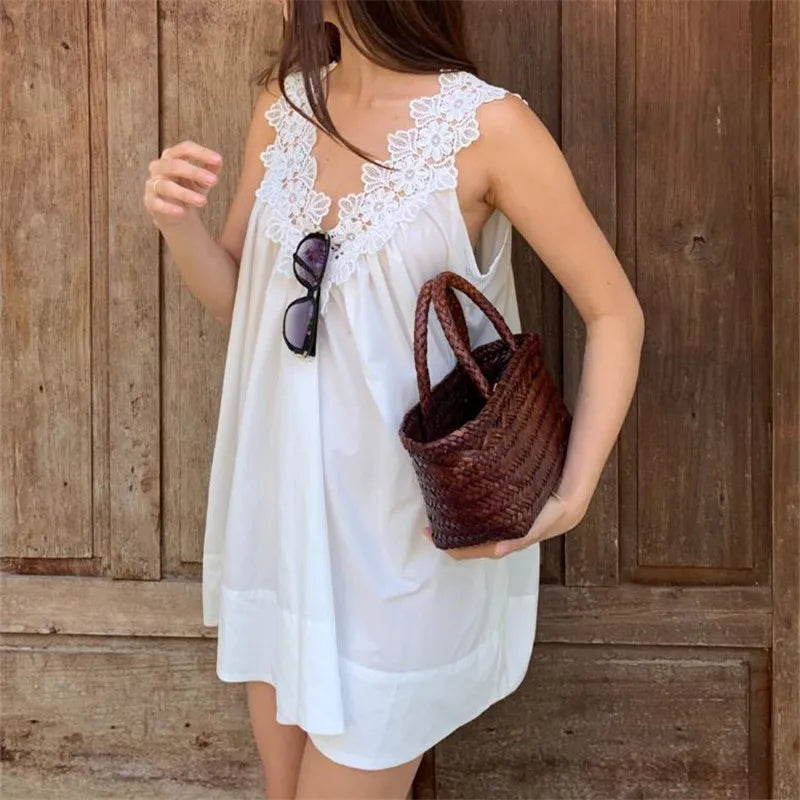 French Style Lace V Neck Sleeveless Mini Dress for Women Summer Casual Loose A Line Short Sundress for Beach Holiday
